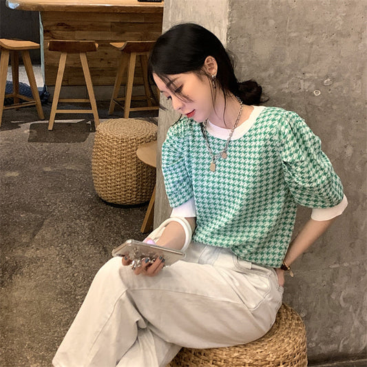千鳥柄サマーブラウス♡ふんわり袖が可愛い S1183