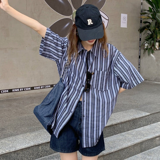 レトロなストライプシャツ♡オーバーサイズで可愛い S1873