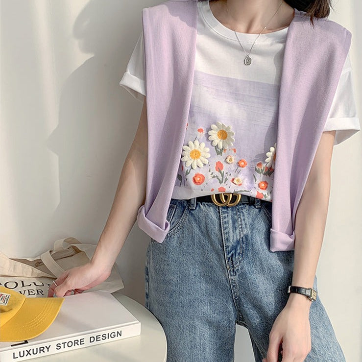 立体フラワー刺繍Tシャツ♡夏らしい可愛いデザイン S1401