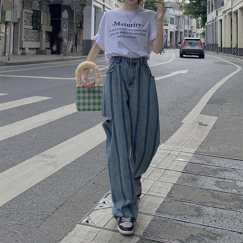 デザインストレートデニムパンツ♡縦ストライプで脚長効果 S2445
