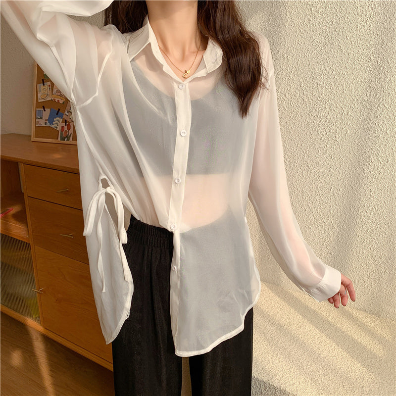6色展開 シースルーサイドリボンシャツ 大人可愛い S1632