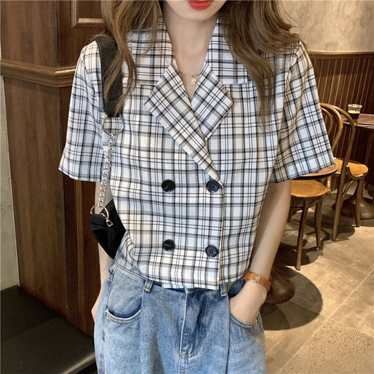 ダブルボタンチェックシャツ 大人レトロなワイドシルエット S1526