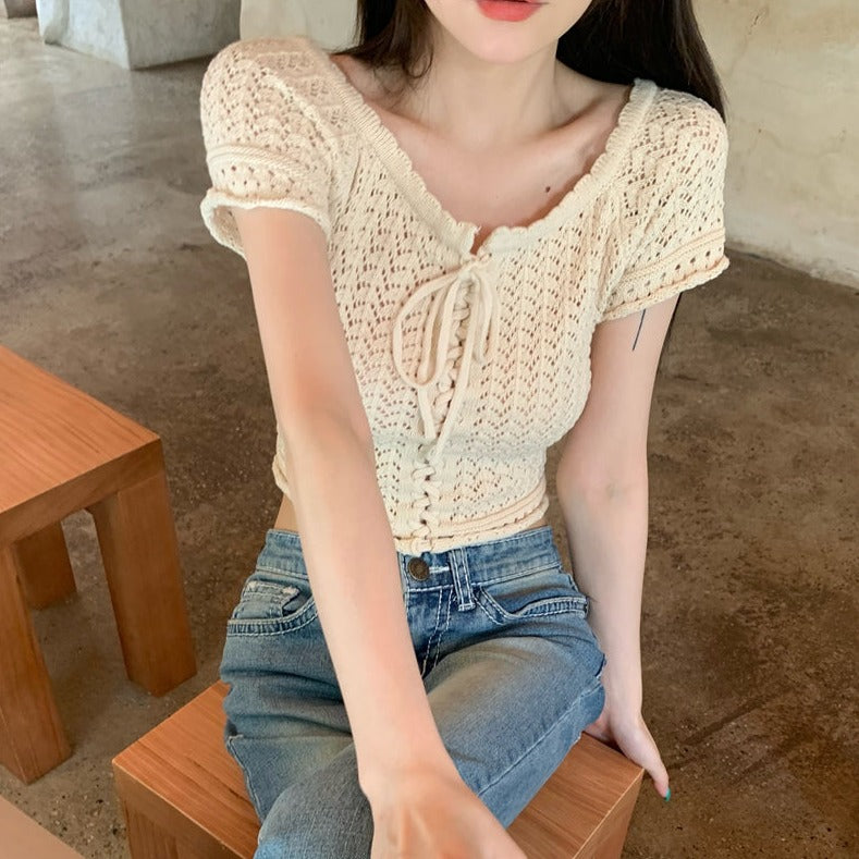 レースアップクロップニット♡夏のガーリーコーデに S1169