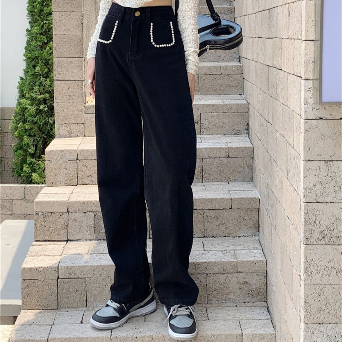 パールデニムパンツ ハイウエストで大人可愛い S2508