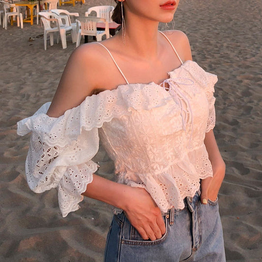 綿レースオフショルブラウス 花柄刺繍で可愛い S1566