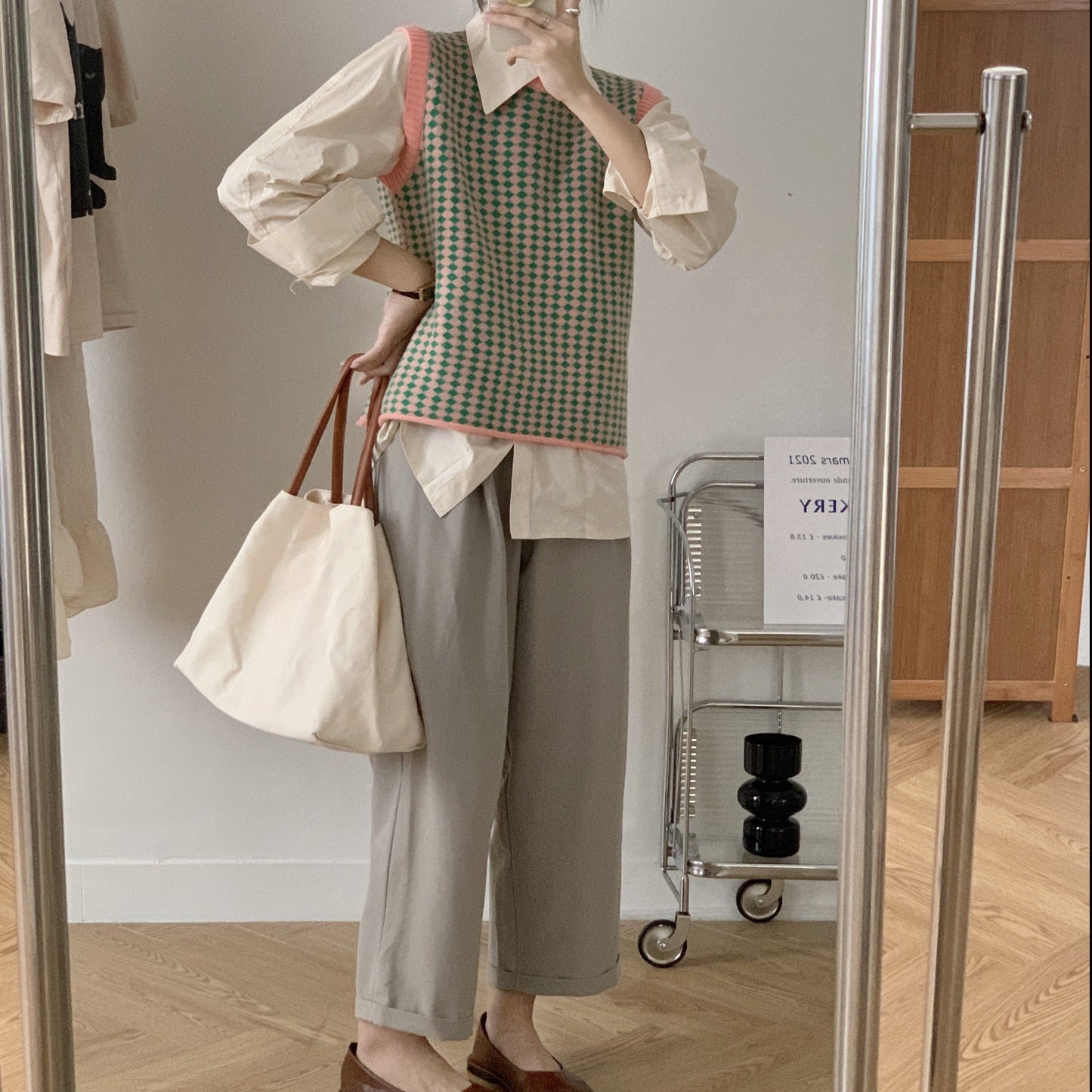 ダイヤモンドチェックニットベスト♡お洒落ワンピース風 S1247