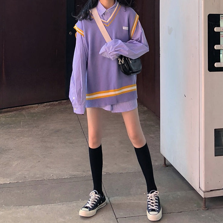 Vネックニットベスト♡カレッジ風ラインが可愛い S1738