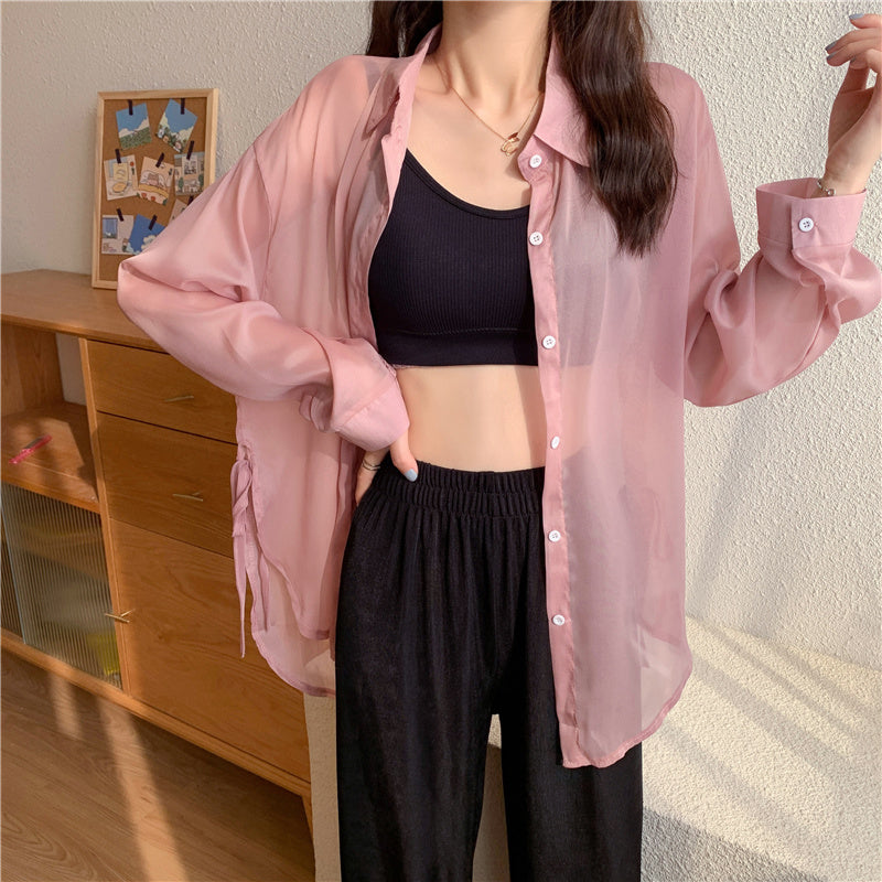 6色展開 シースルーサイドリボンシャツ 大人可愛い S1632
