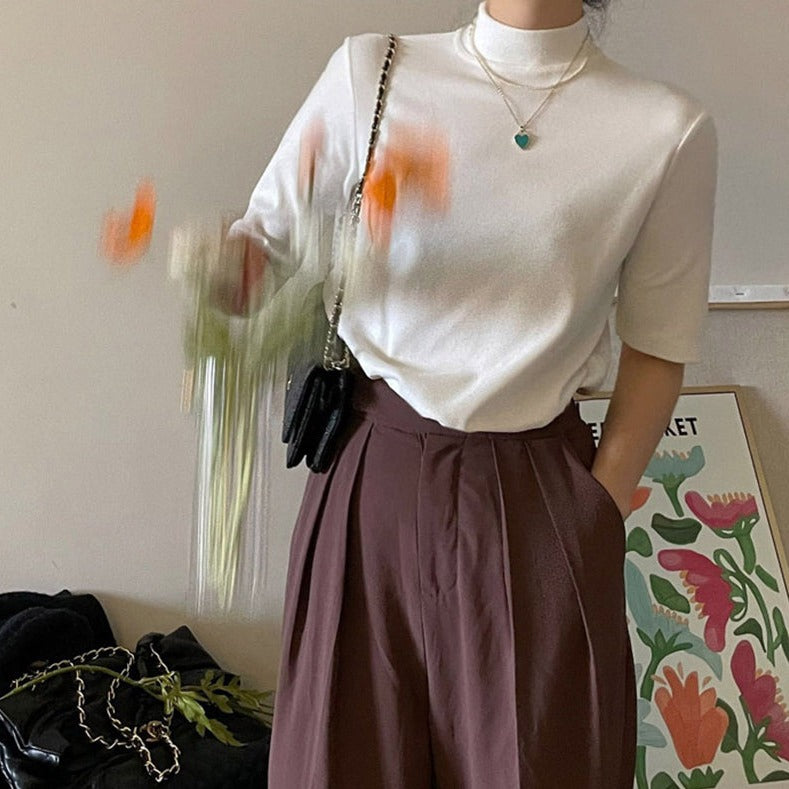 バイカラー襟の大人可愛いモックネックTシャツ S1164