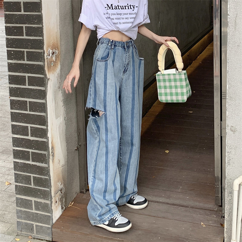 デザインストレートデニムパンツ♡縦ストライプで脚長効果 S2445