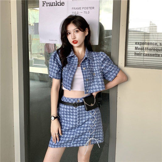 千鳥柄セットアップ 半袖ジャケットとミニスカート S1846