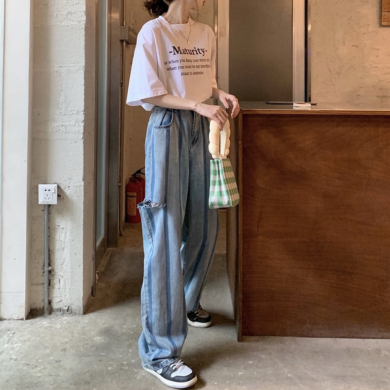 デザインストレートデニムパンツ♡縦ストライプで脚長効果 S2445
