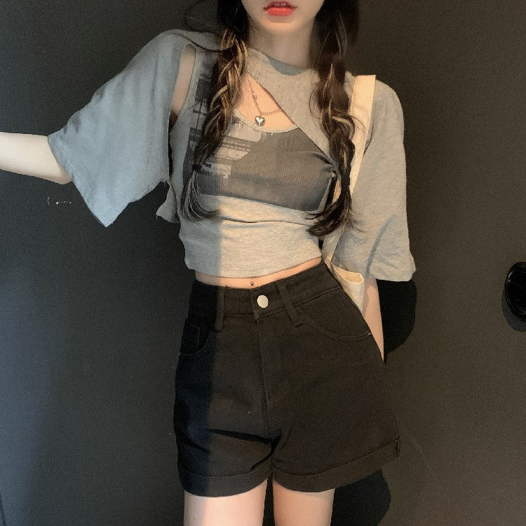 アシメデニム風半袖Tシャツ♡2WAYで着回し自在 S1677