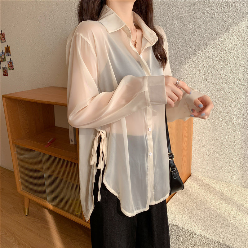 6色展開 シースルーサイドリボンシャツ 大人可愛い S1632