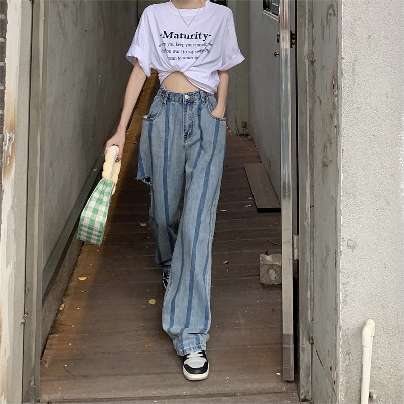 デザインストレートデニムパンツ♡縦ストライプで脚長効果 S2445