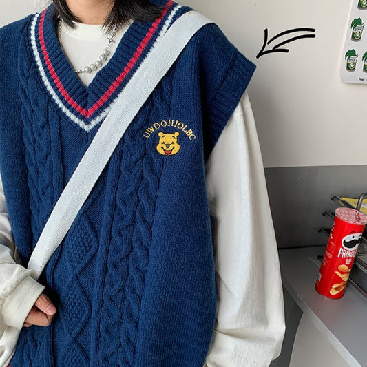 ベア刺繍ニットベスト【ユニセックス】レトロで可愛い S1239