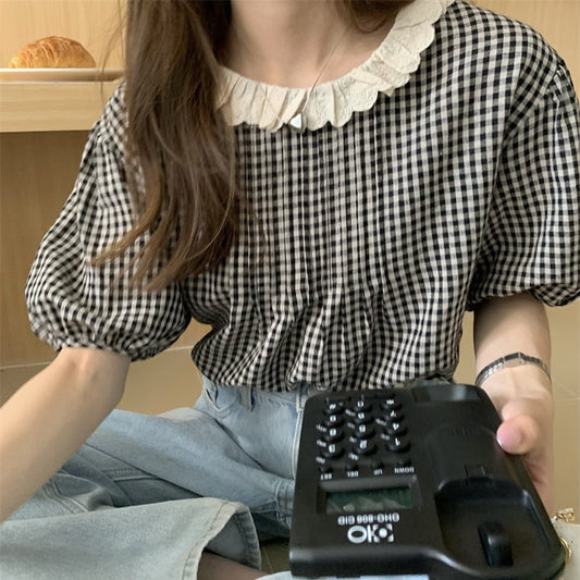 レトロギンガムチェックブラウス パフスリーブ S1575