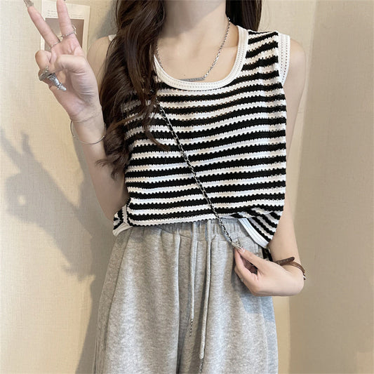 透かし編みボーダーニットタンク S1170