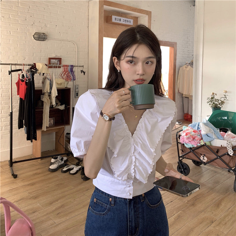 Vネックフリルブラウス パフスリーブで大人可愛い♡ S1890