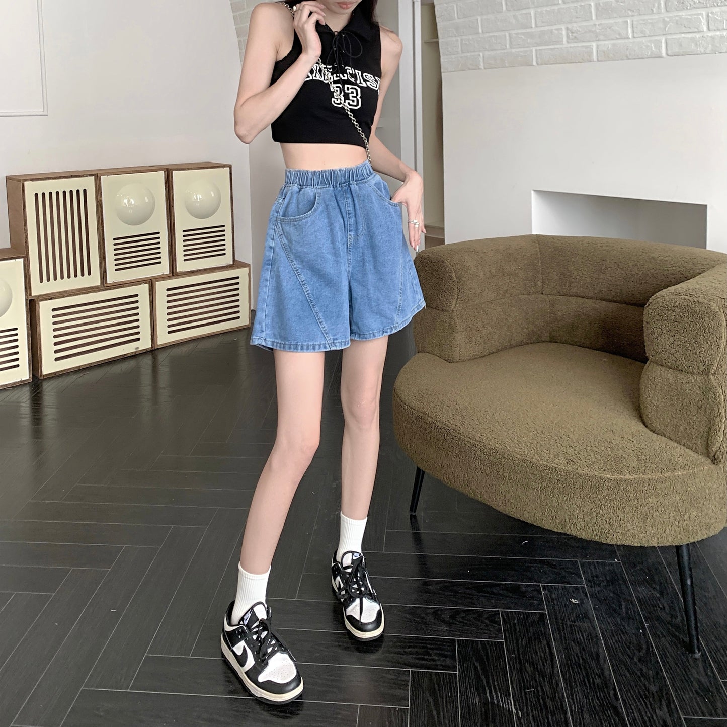 ハイウエストデニムショートパンツ 美脚効果抜群 S1874