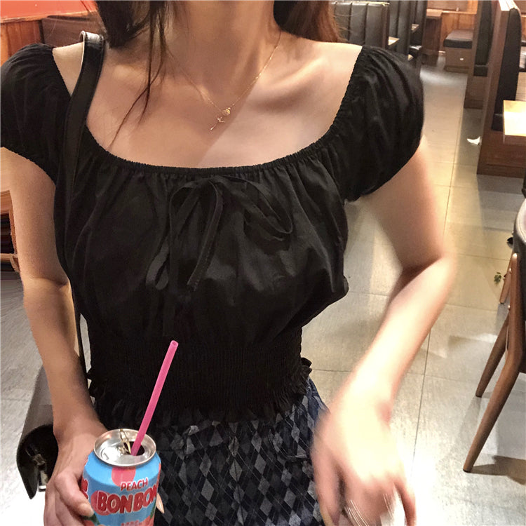 ふんわりパフスリーブのギンガムチェックブラウス S1485