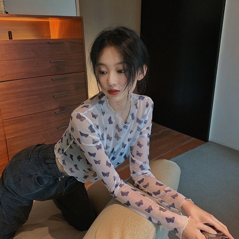 蝶柄シースルーブラウス◎透け感で大人かわいい S1690