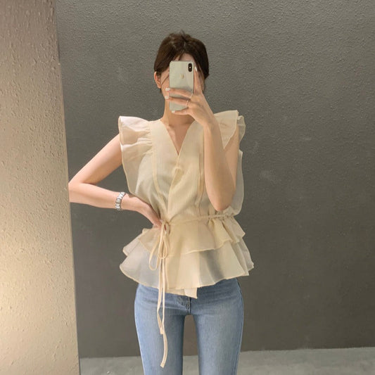 ウエストリボン付きシアーブラウス♡大人可愛いVネック S1623