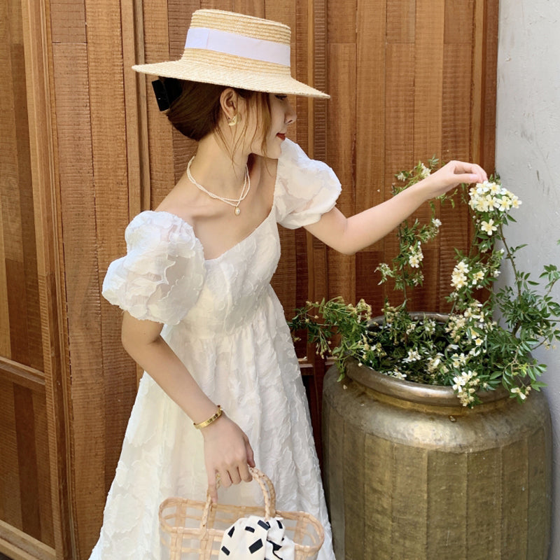 ジャガードパフスリーブワンピース♡清楚で大人可愛いサマードレス S1669
