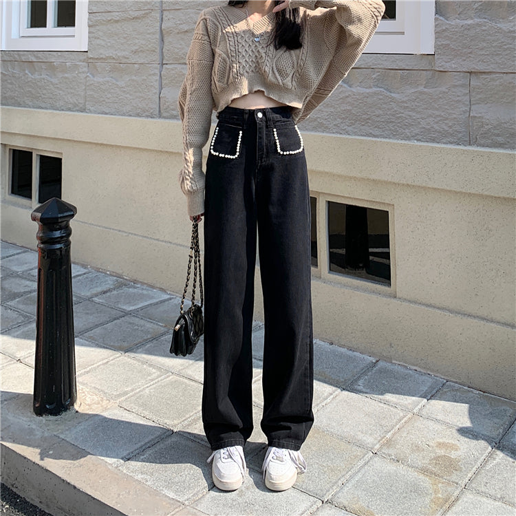 パールデニムパンツ ハイウエストで大人可愛い S2508