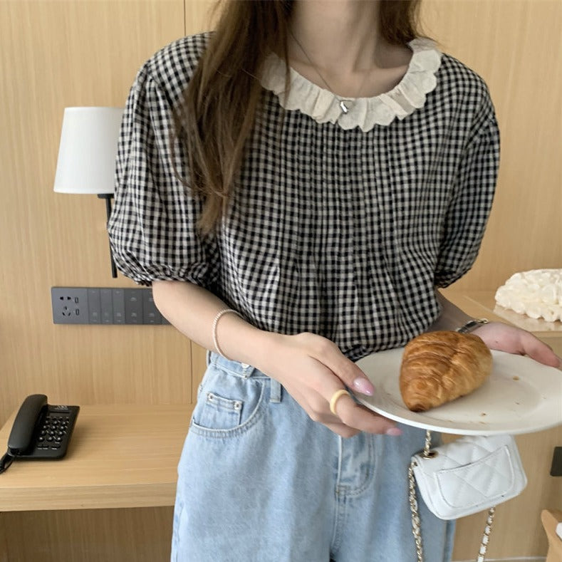 レトロギンガムチェックブラウス パフスリーブ S1575