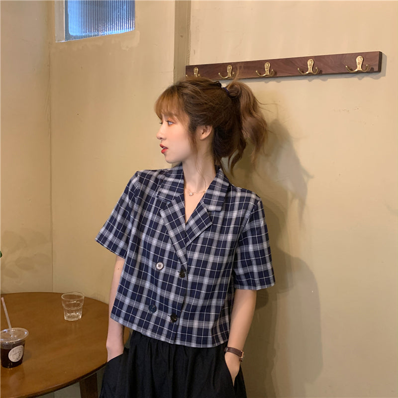 ダブルボタンチェックシャツ 大人レトロなワイドシルエット S1526