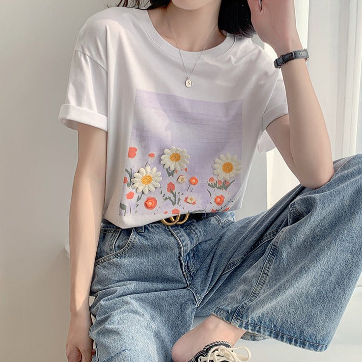立体フラワー刺繍Tシャツ♡夏らしい可愛いデザイン S1401