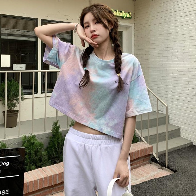 タイダイ柄ワンポイントTシャツ カジュアルで可愛い S1539