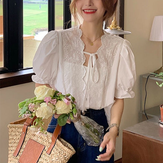 パフスリーブのレースブラウス 大人可愛いデザイン S1508