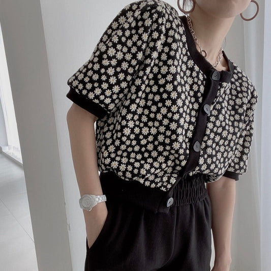 デイジー柄パフスリーブニットカーディガン S1550