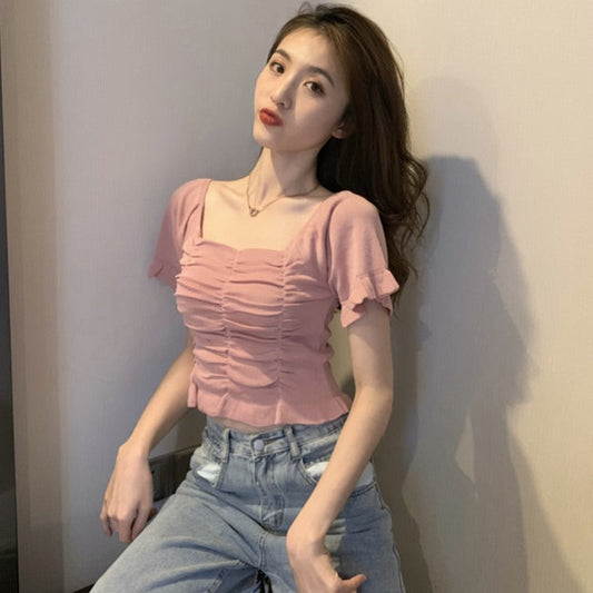 シャーリングデザインのキュートなショートトップス S1604