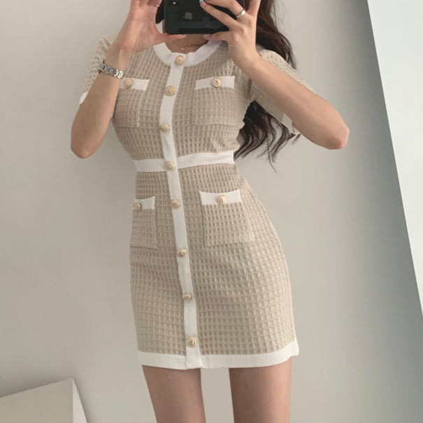 ワッフル金ボタンワンピース♡大人可愛いワンピ S1472