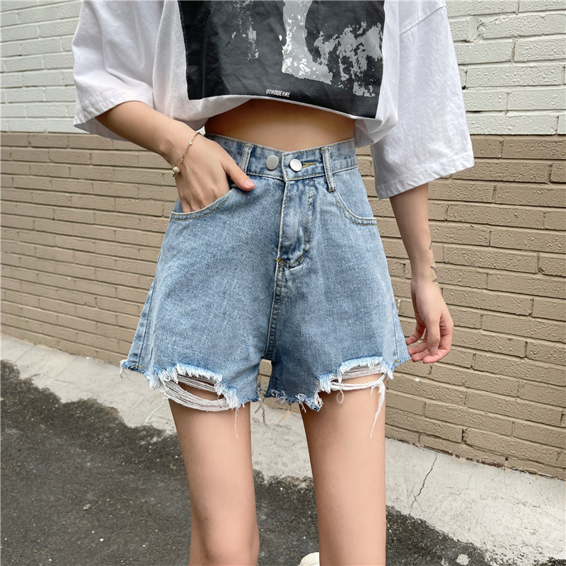 ダブルボタン ダメージショートデニムパンツ S1818