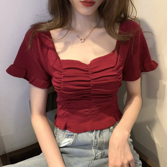 シャーリングデザインのキュートなショートトップス S1604