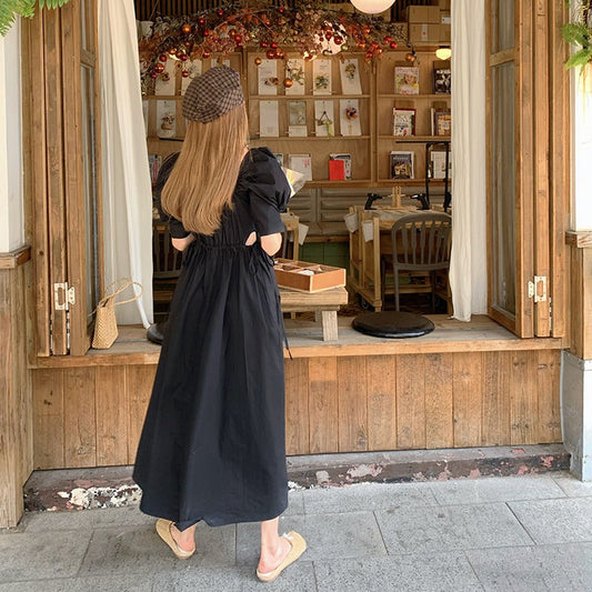 ブラックパフスリーブのフレンチロングワンピース S1516