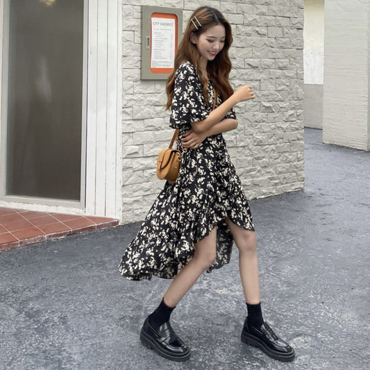 モノトーン花柄ワンピース アシメ風 S1652