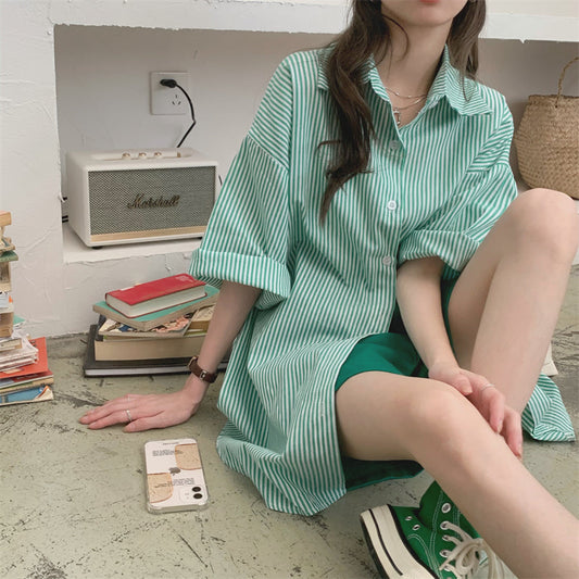 半袖ボーダーオーバーシャツ♡ゆるふわ着こなし S1415