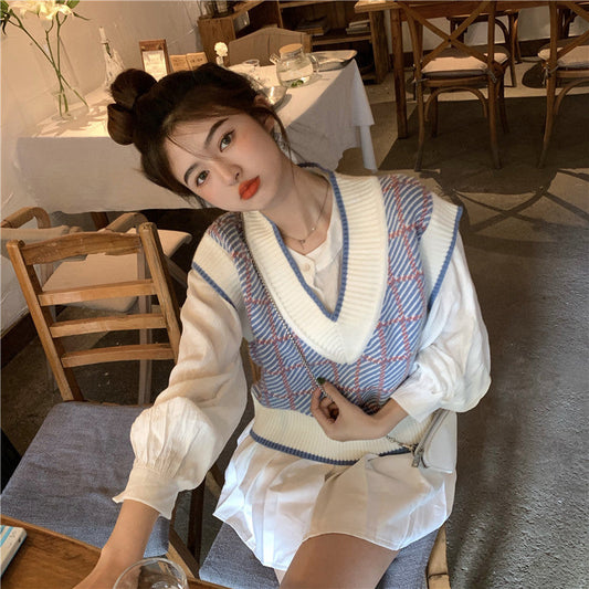 ライトカラーVネックベスト♡優しいチェックが可愛い S2617