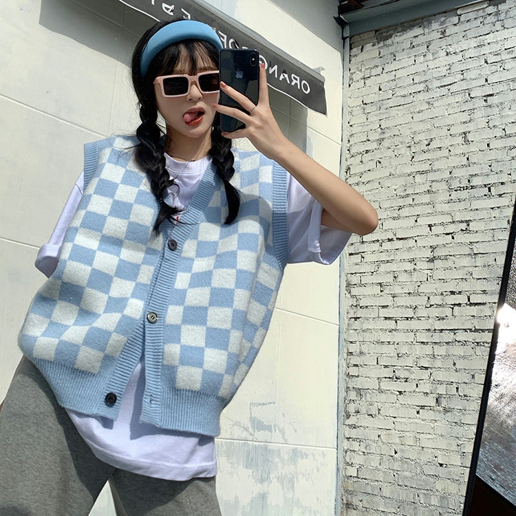 ユニセックス ブロックチェックベスト♡お揃いコーデに S2596