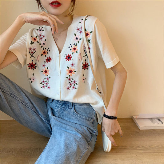 刺繍Vネックカーディガン/トップス S1458