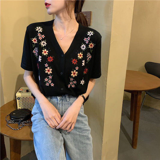 刺繍Vネックカーディガン/トップス S1458