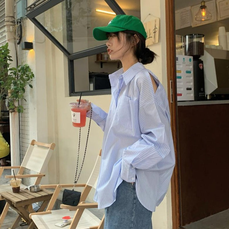 ストライプ肩出しシャツ ゆったりカジュアル S2586