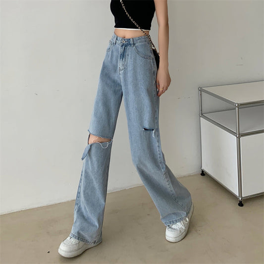 ハイウエストストレートダメージデニムパンツ S2692