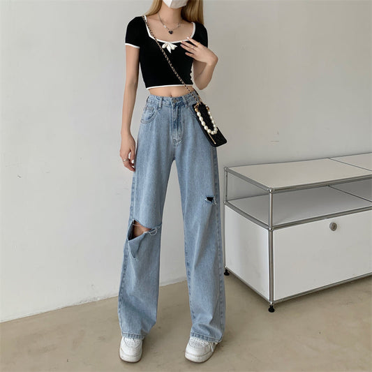 ハイウエストストレートダメージデニムパンツ S2692