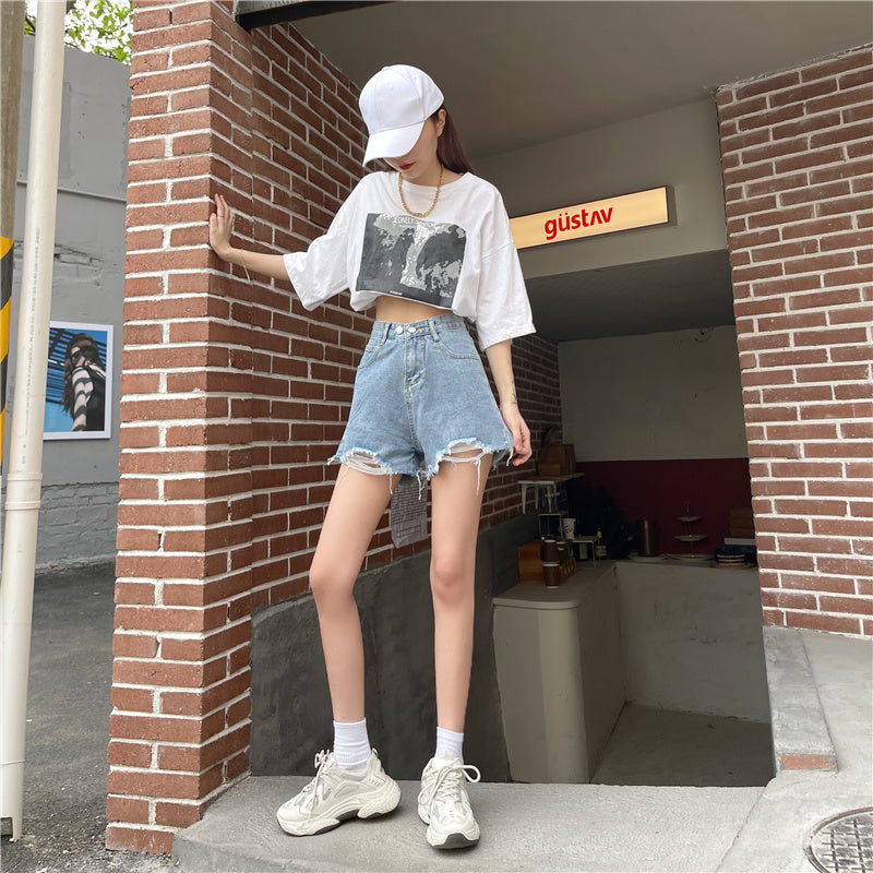 ダブルボタン ダメージショートデニムパンツ S1818